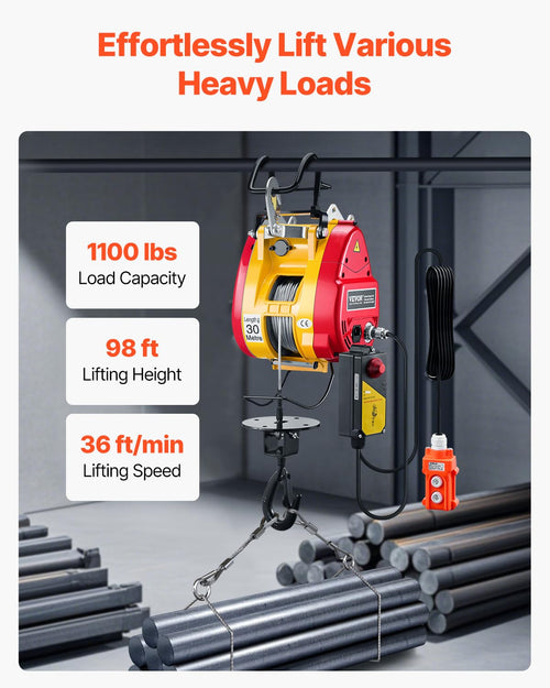 1100 lbs 1800W Portable Electric Hoist Winch with Wireless Remote Control U3180