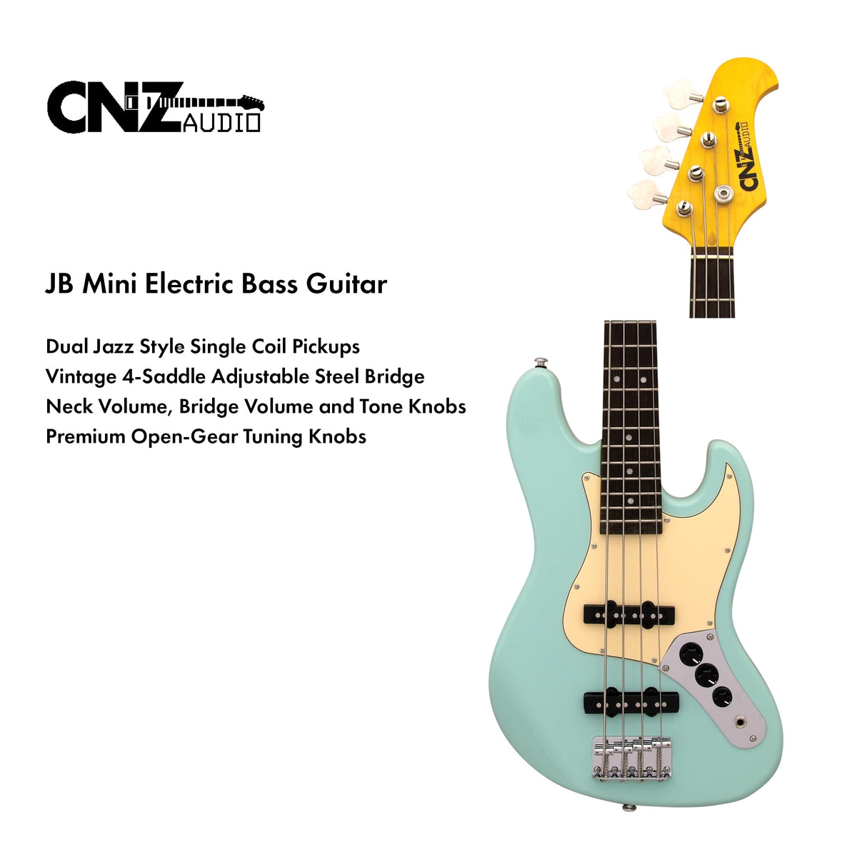 Black Mini Electric Bass Guitar with Maple Neck, Rosewood Fingerboard & White Pickguard I248604