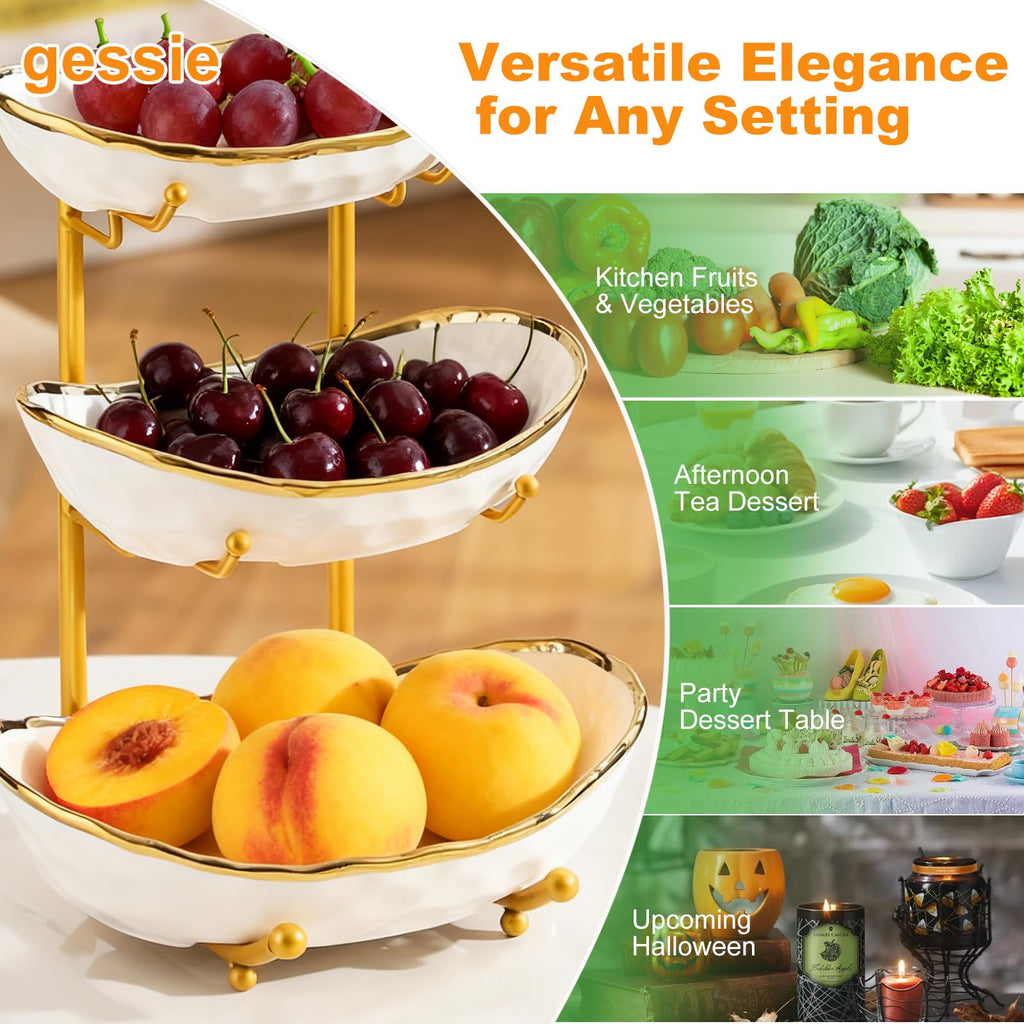 3 Tier Ceramic Fruit Bowl with Gold Metal Stand H9541