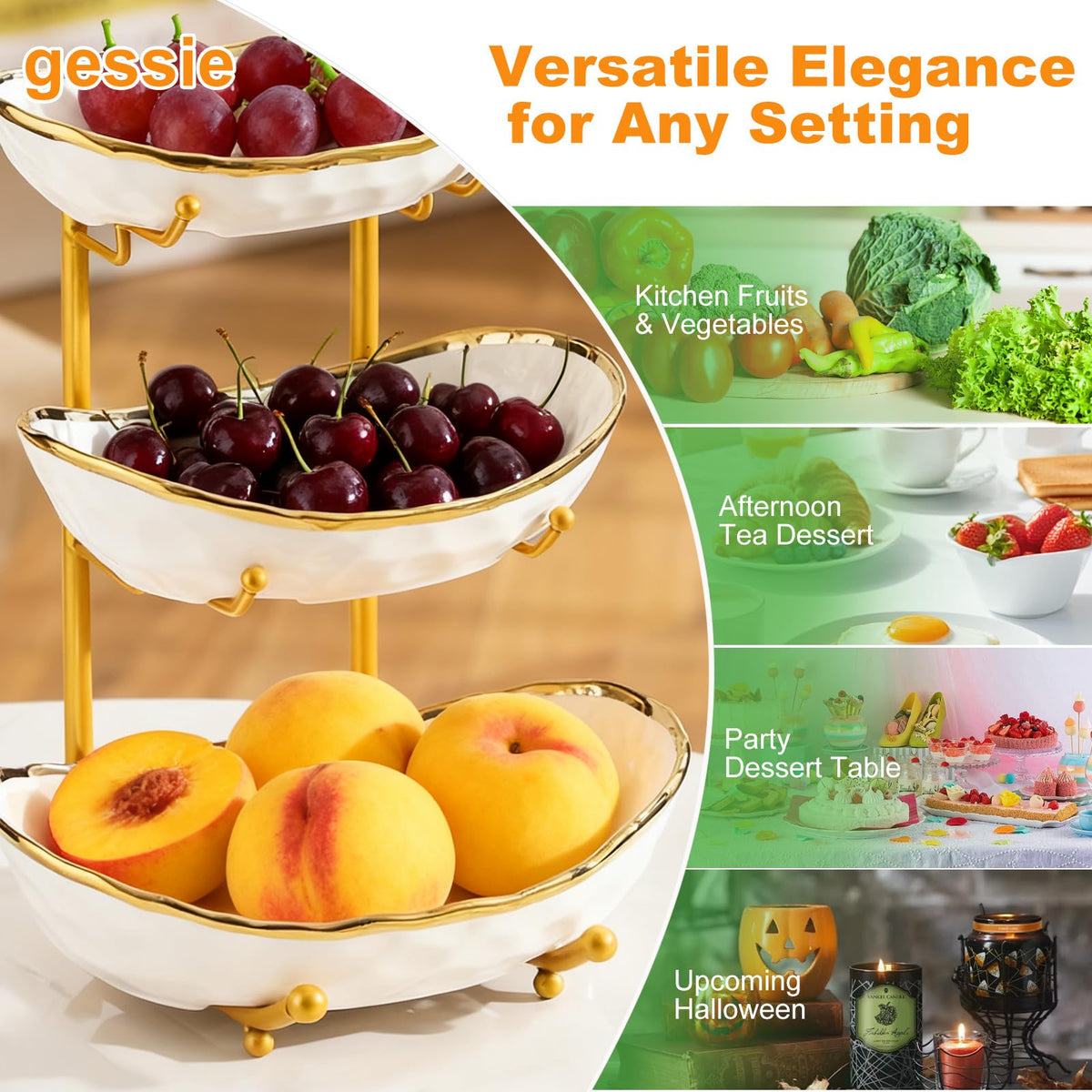 3 Tier Ceramic Fruit Bowl with Gold Metal Stand H9541