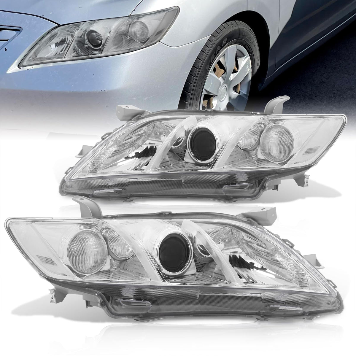 Chrome Housing Clear Lens Projector Headlights Pair L9955
