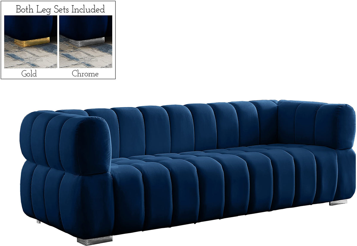 Navy Velvet Upholstered Sofa with Deep Biscuit Tufting H73014