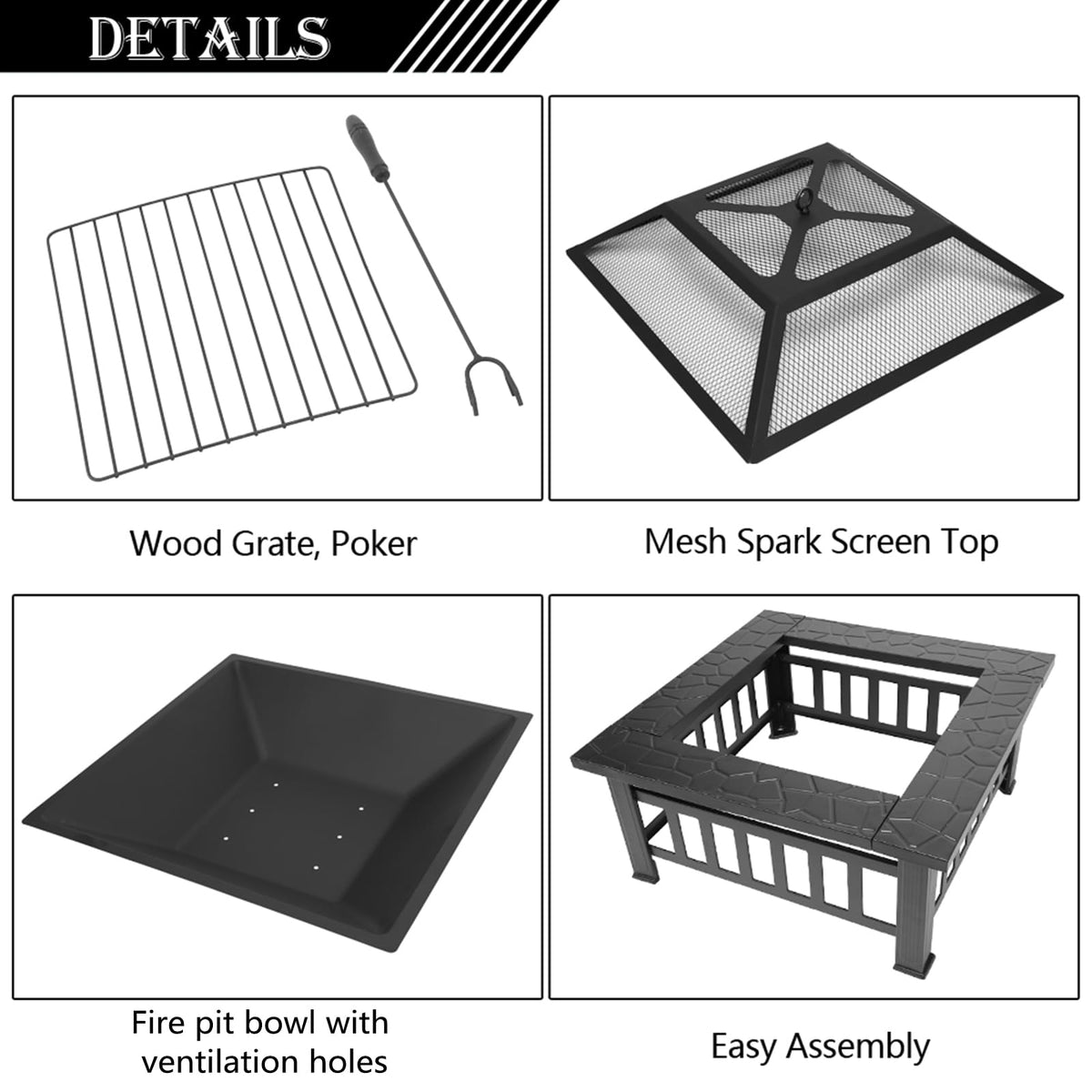 Black 32" Wood Burning Fire Pit Table with Grate, Poker and Spark Screen Cover P2357