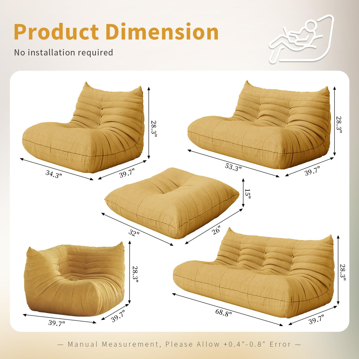 Yellow Corduroy Memory Foam Bean Bag Chair P5661