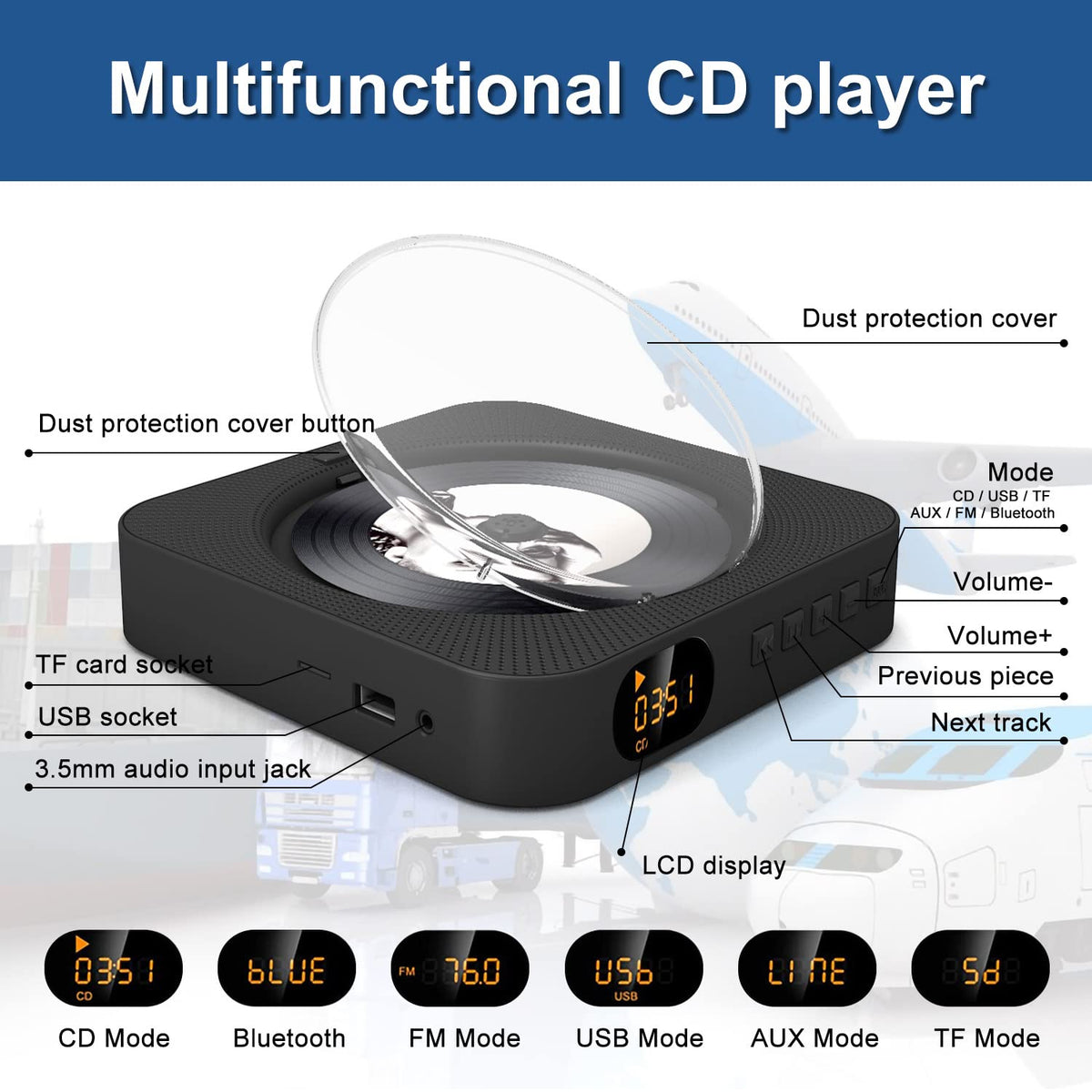 Portable CD Player with Bluetooth, Dual Speakers, LED Display, FM Radio, Black E804674