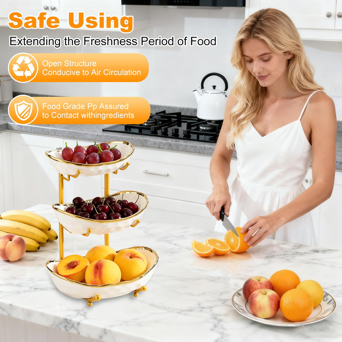 3 Tier Ceramic Fruit Bowl with Gold Metal Stand H9541