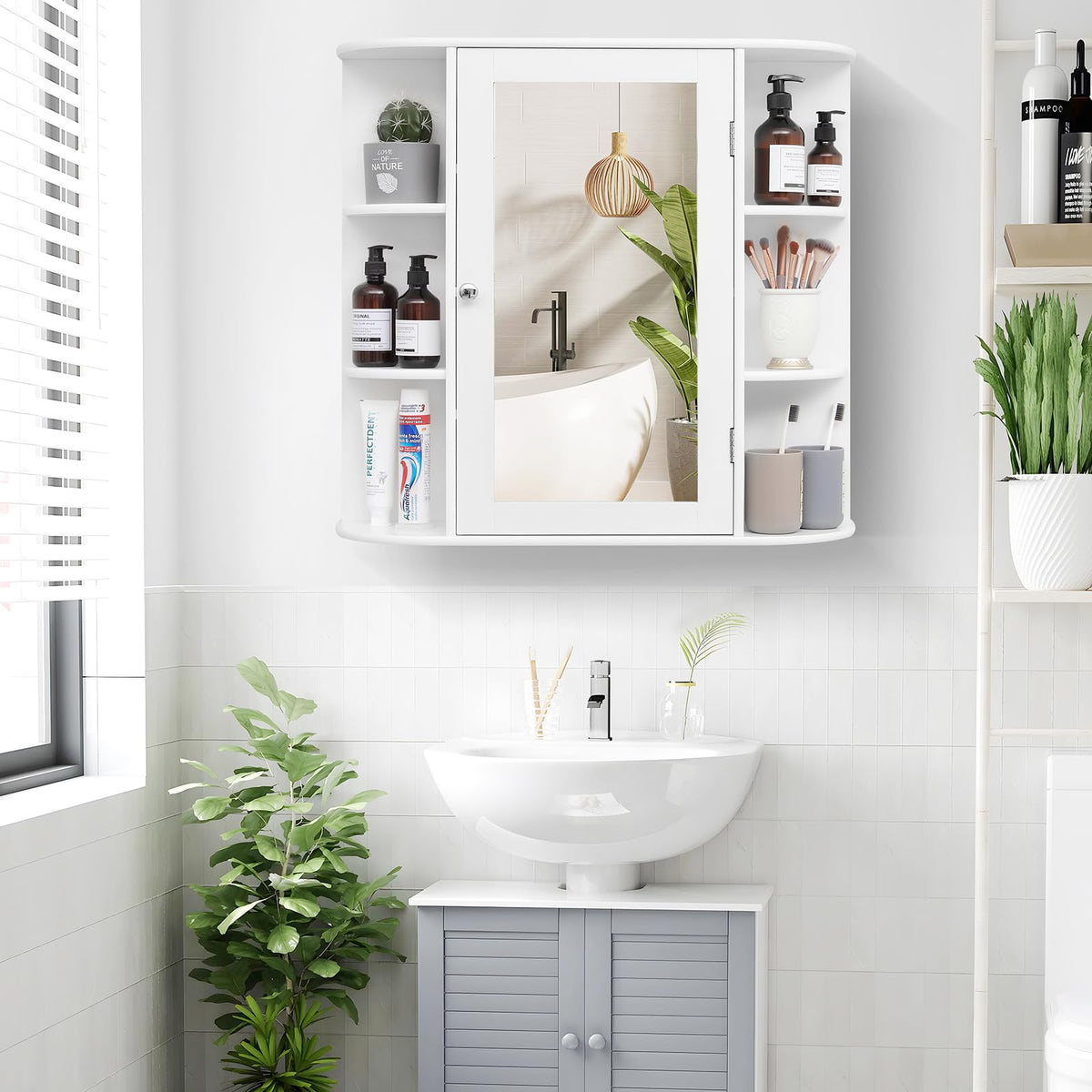 White Bathroom Medicine Cabinet with Mirror and Adjustable Shelves P229