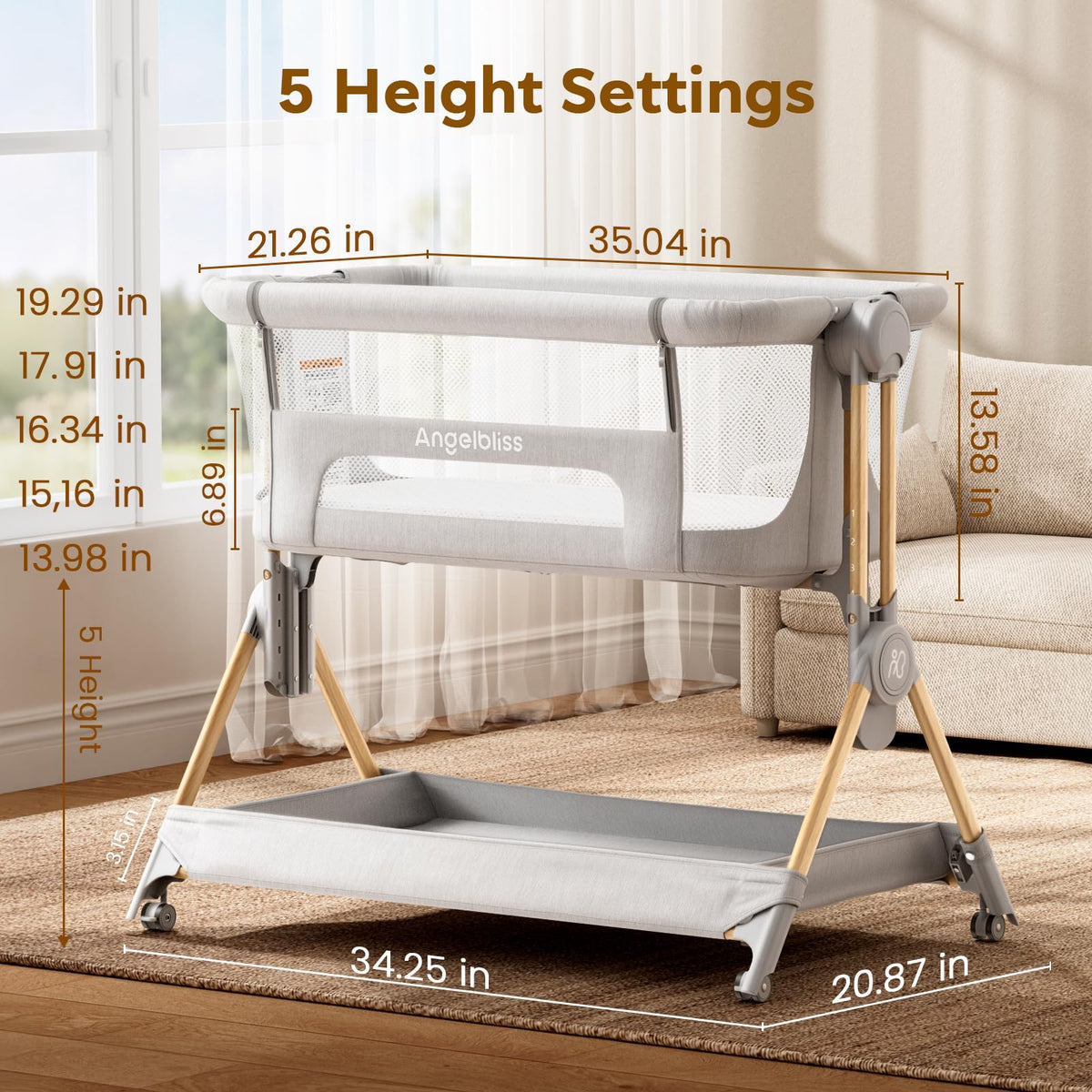 Baby Bassinet, 3-in-1 Bedside Sleeper, Foldable Crib R8574