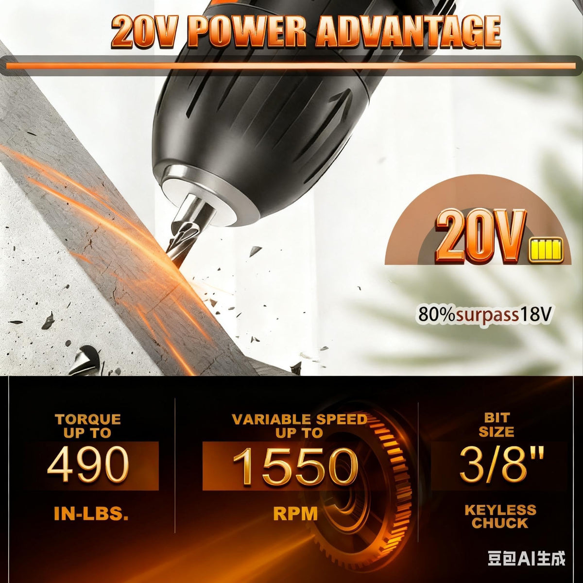 21V Brushless Cordless Power Drill with 2 Battery and Charger D2234