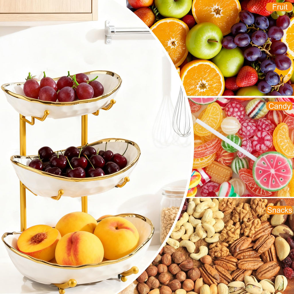 3 Tier Ceramic Fruit Bowl with Gold Metal Stand H9541