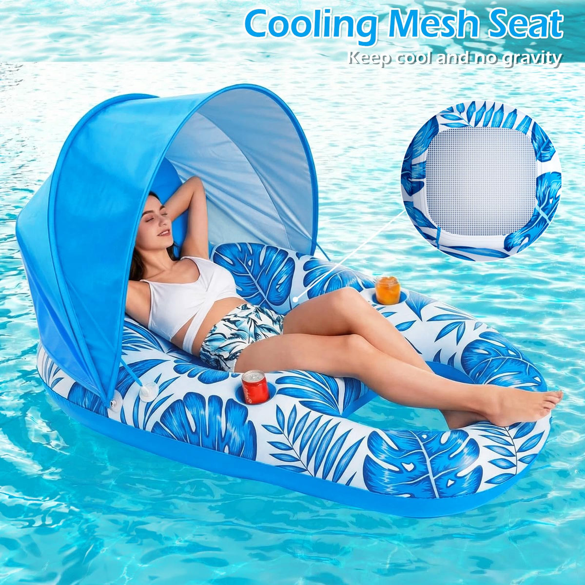 Inflatable Pool Float Lounger with Canopy and Cup Holders L7549
