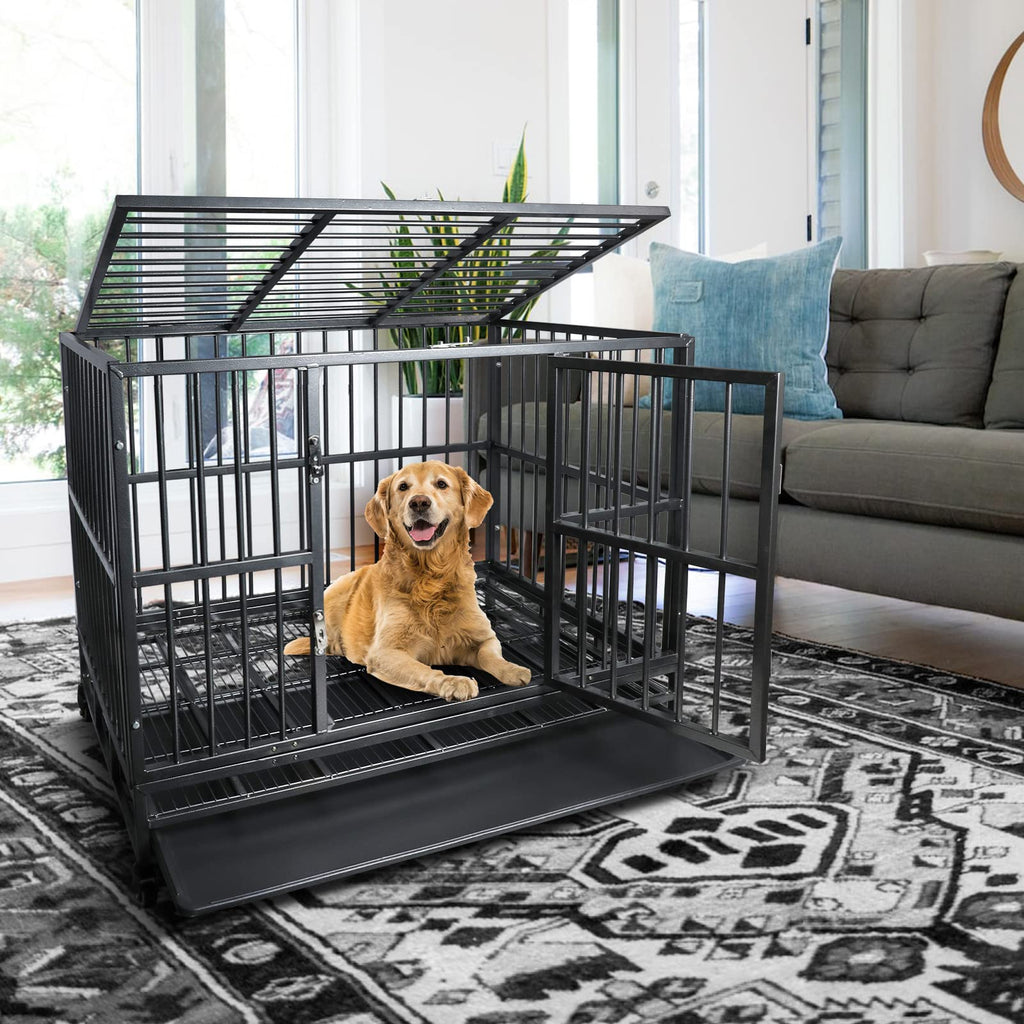 42 inch Heavy Duty Metal Dog Cage with Double Doors & Lockable Wheels C6141