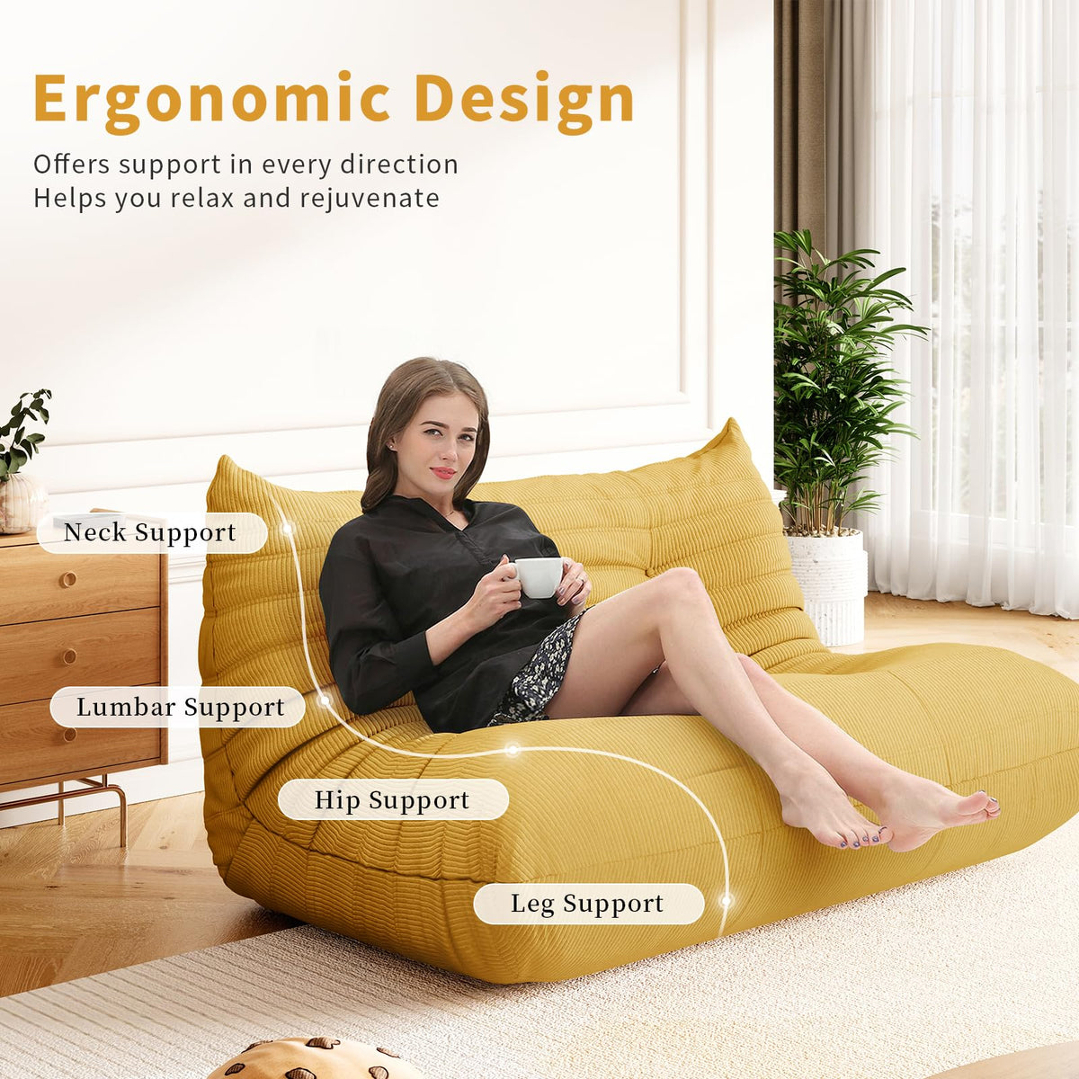Yellow Corduroy Memory Foam Bean Bag Chair P5661