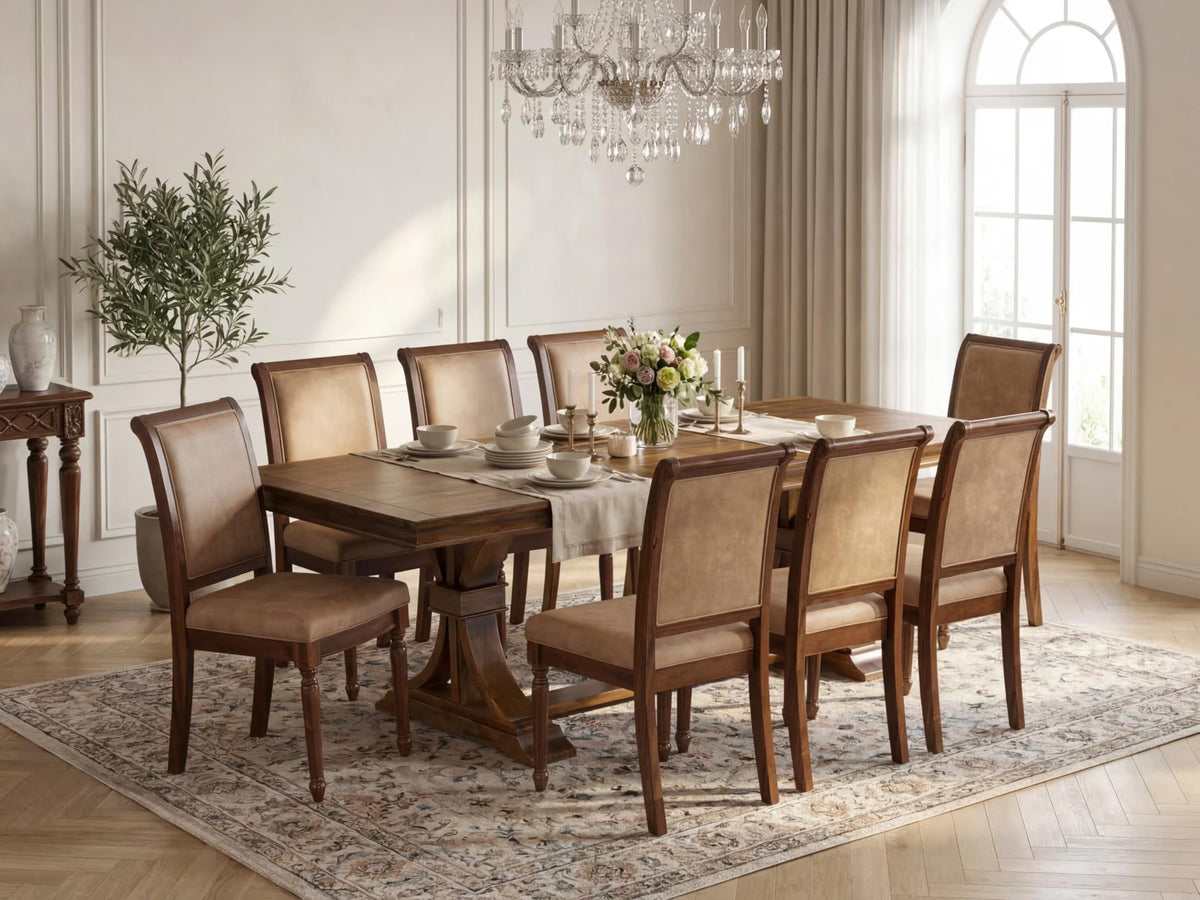 9 Piece Dining Table and 8 Beige Polyester Fabric Chairs I787889