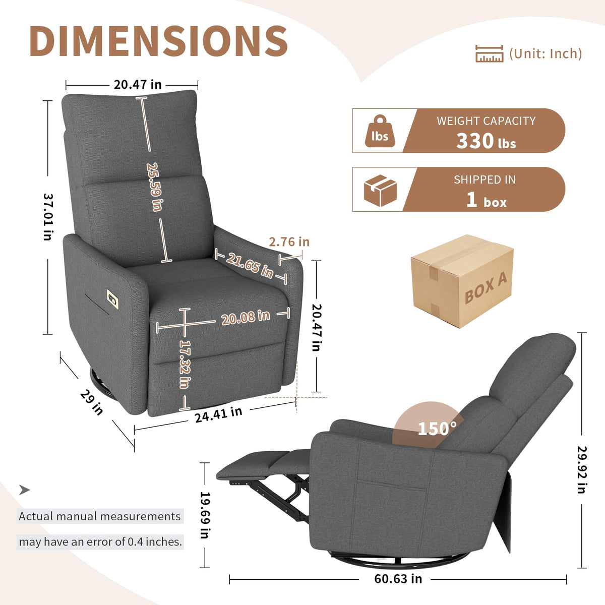 Dark Gray Velvet Swivel Recliner Chair R9064