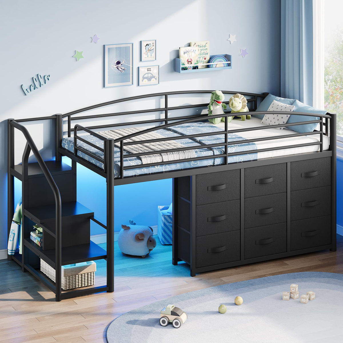 Twin Metal Loft Bed with 9 Storage Drawers and Guardrail A4613