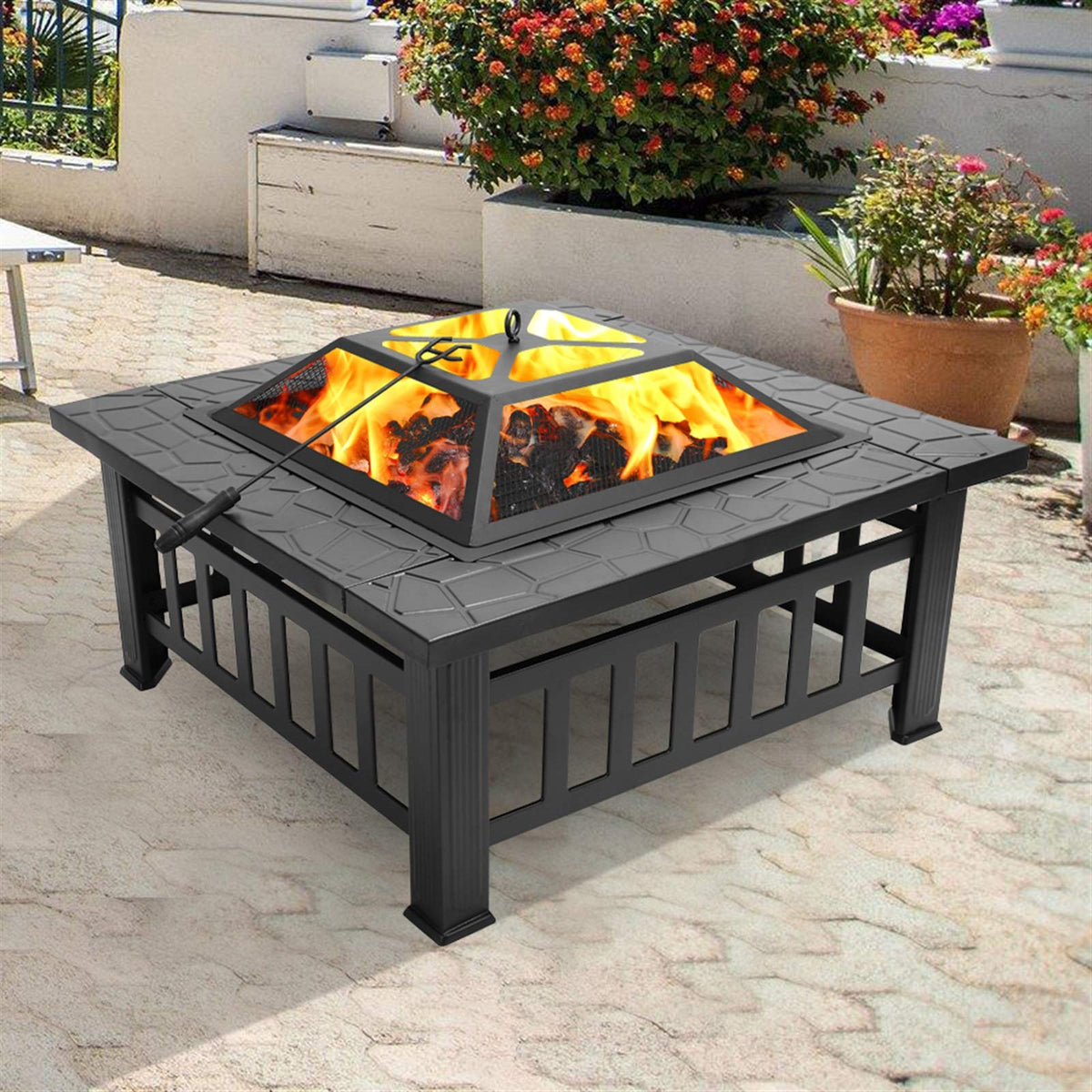 Black 32" Wood Burning Fire Pit Table with Grate, Poker and Spark Screen Cover P2357