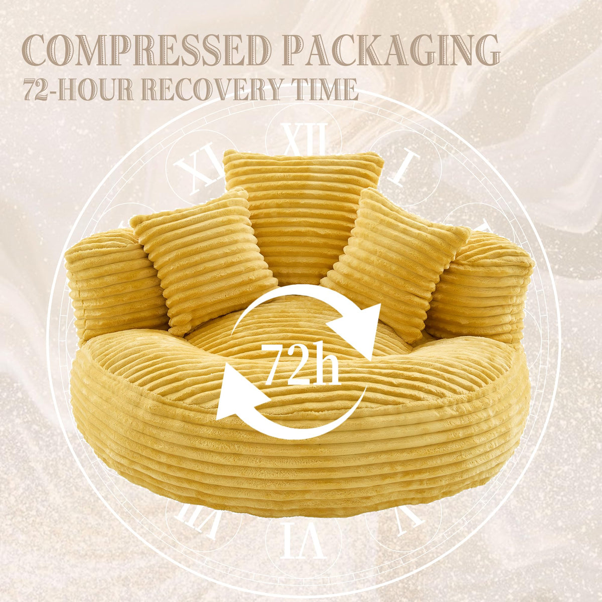 Yellow Corduroy Bean Bag Sofa with 3 Pillows H2697