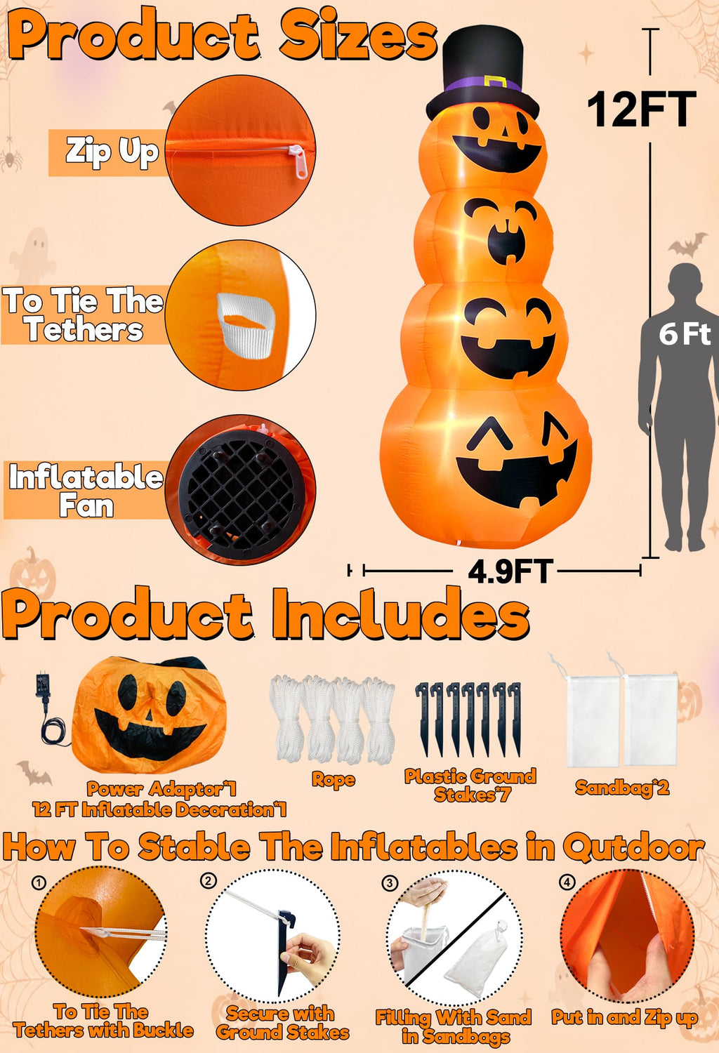 12FT Giant Witch Pumpkin Halloween Inflatables E206125