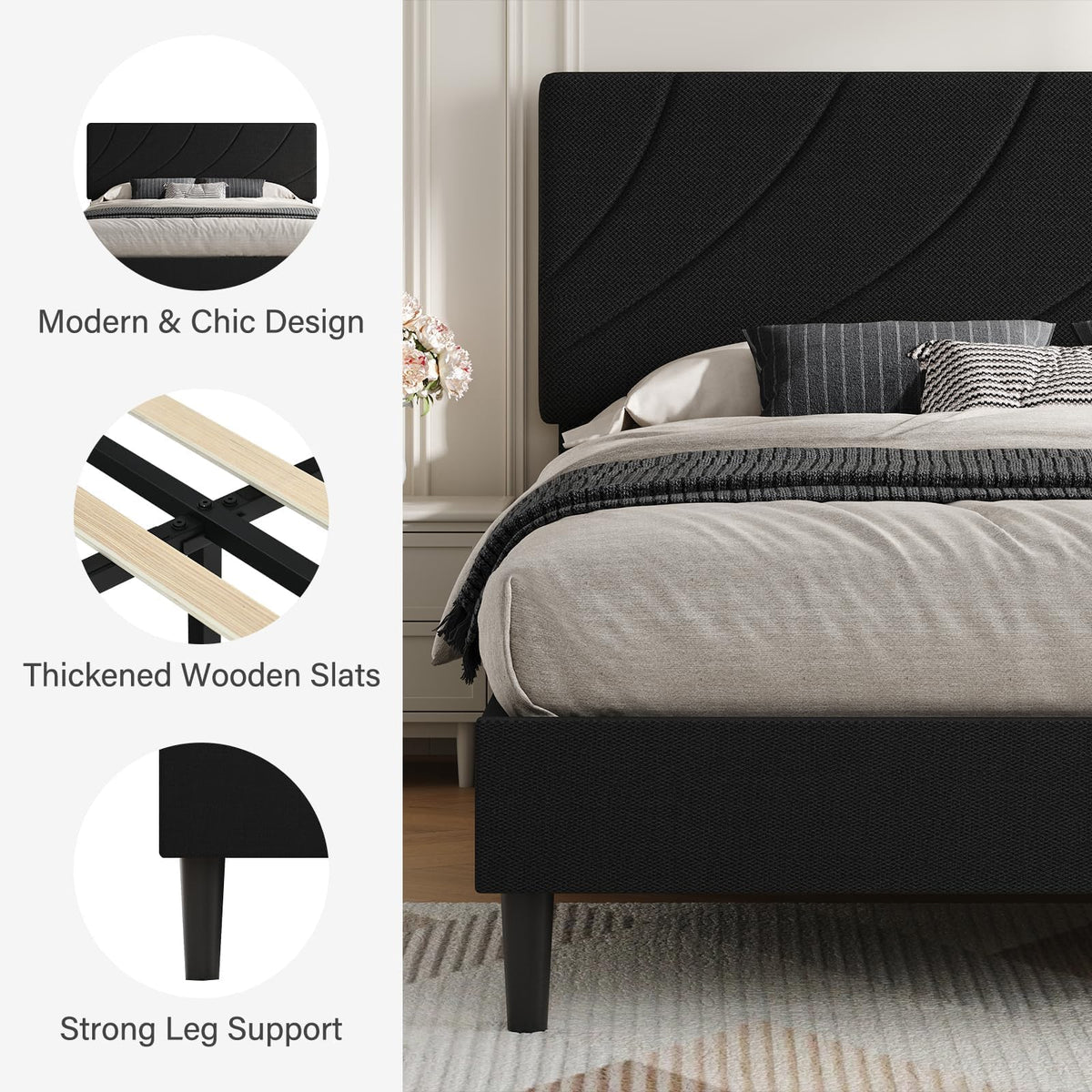 Twin Bed Frame with Adjustable Headboard, Black U931678