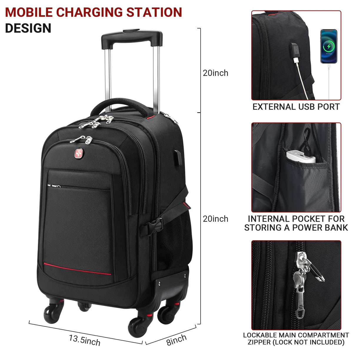 Rolling Backpack with 4 Extra Wheels, Water-Resistant Underseat Travel Luggage R92804