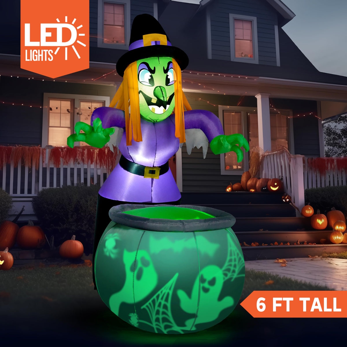 6 Ft Halloween Inflatable Witch and Cauldron Decoration with Green Ghost Light D33209