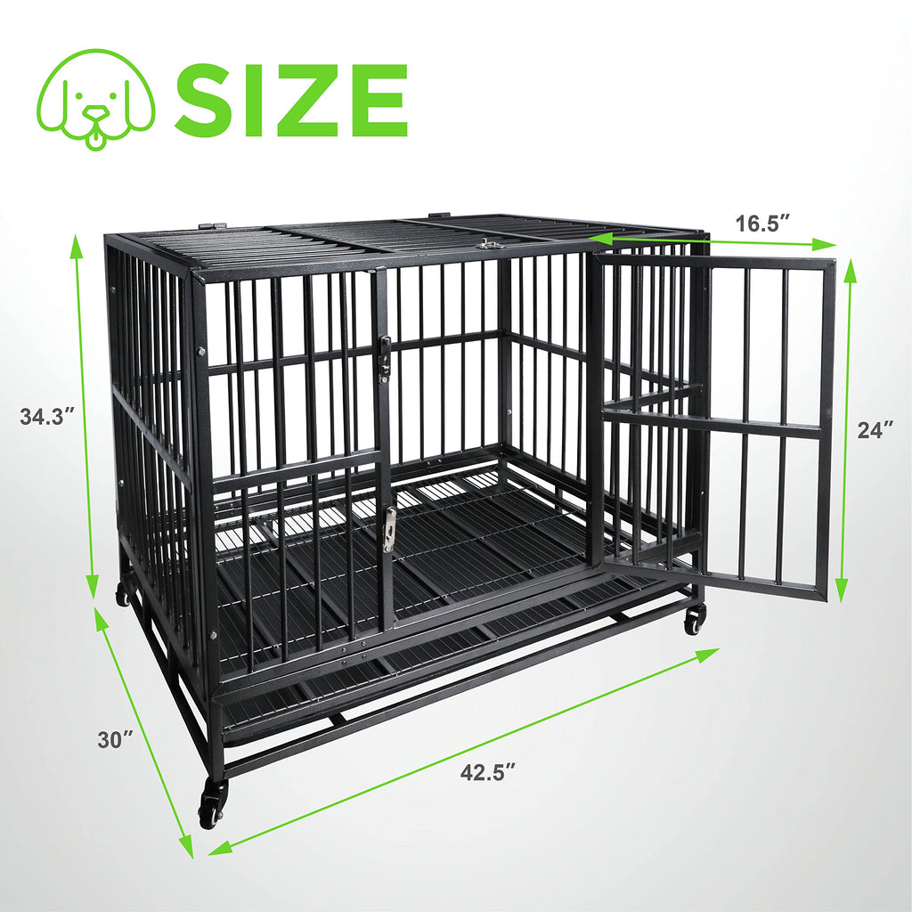 42 inch Heavy Duty Metal Dog Cage with Double Doors & Lockable Wheels C6141