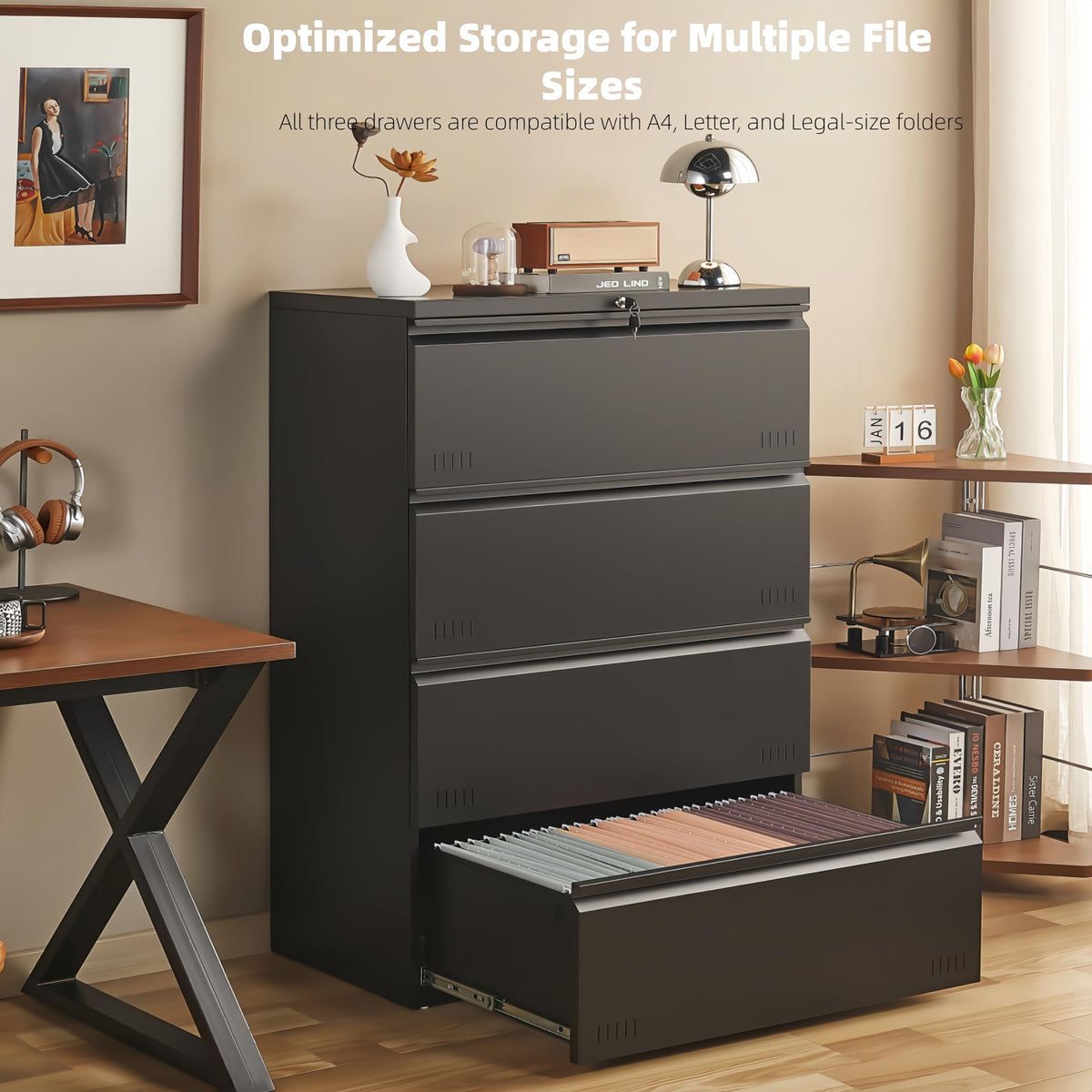 Metal File Cabinet with Lock, 4 Drawer Heavy Duty Office Storage Cabinet J948926