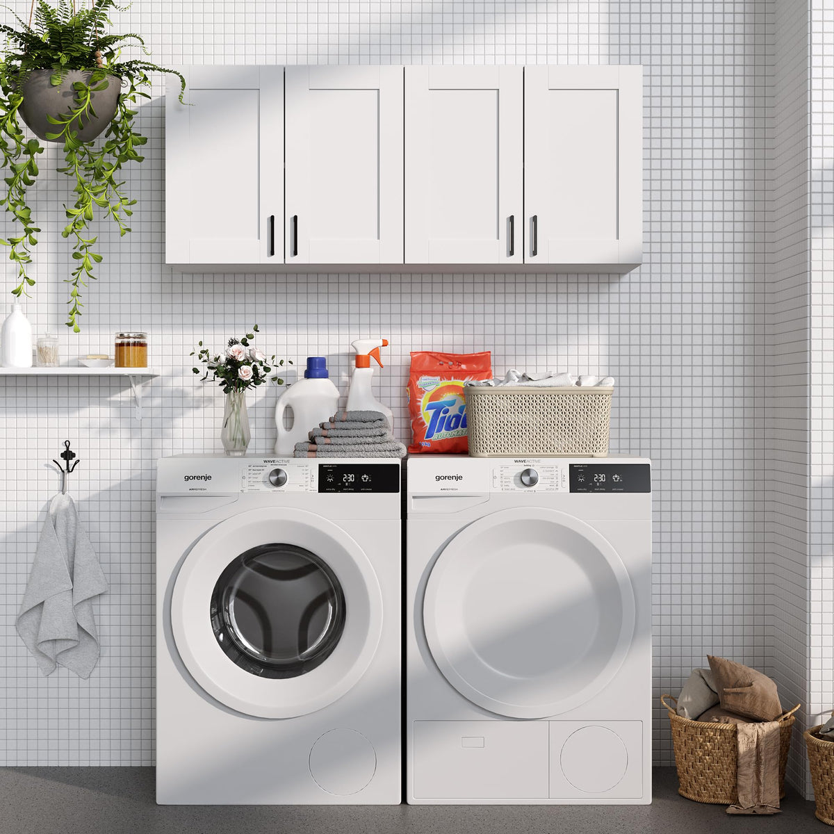 White Laundry Room Cabinets and Storage with 4 Doors and Adjustable Shelf W58540