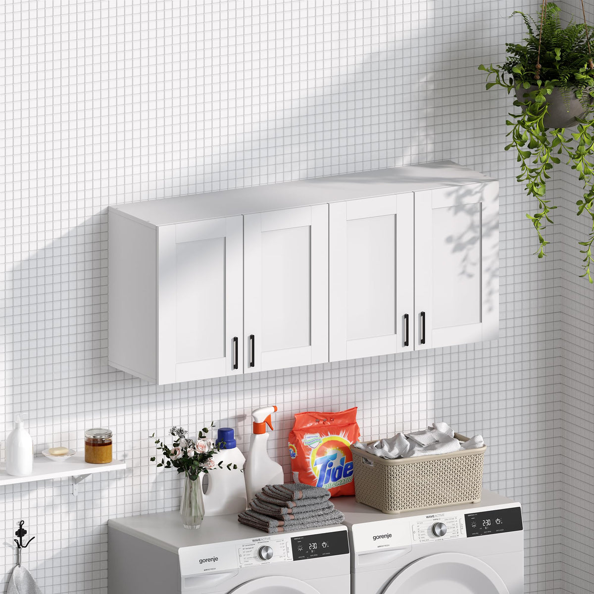 White Laundry Room Cabinets and Storage with 4 Doors and Adjustable Shelf W58540