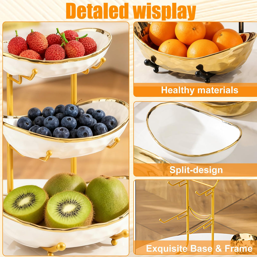 3 Tier Ceramic Fruit Bowl with Gold Metal Stand H9541