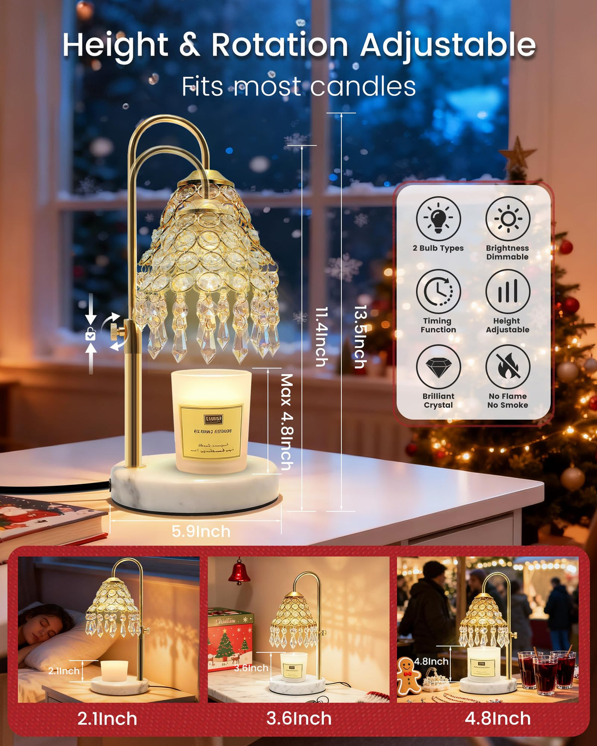 Crystal Candle Warmer Lamp with Timer, Adjustable Height, 50W Halogen Bulb, 5W Night Light, Gold V231