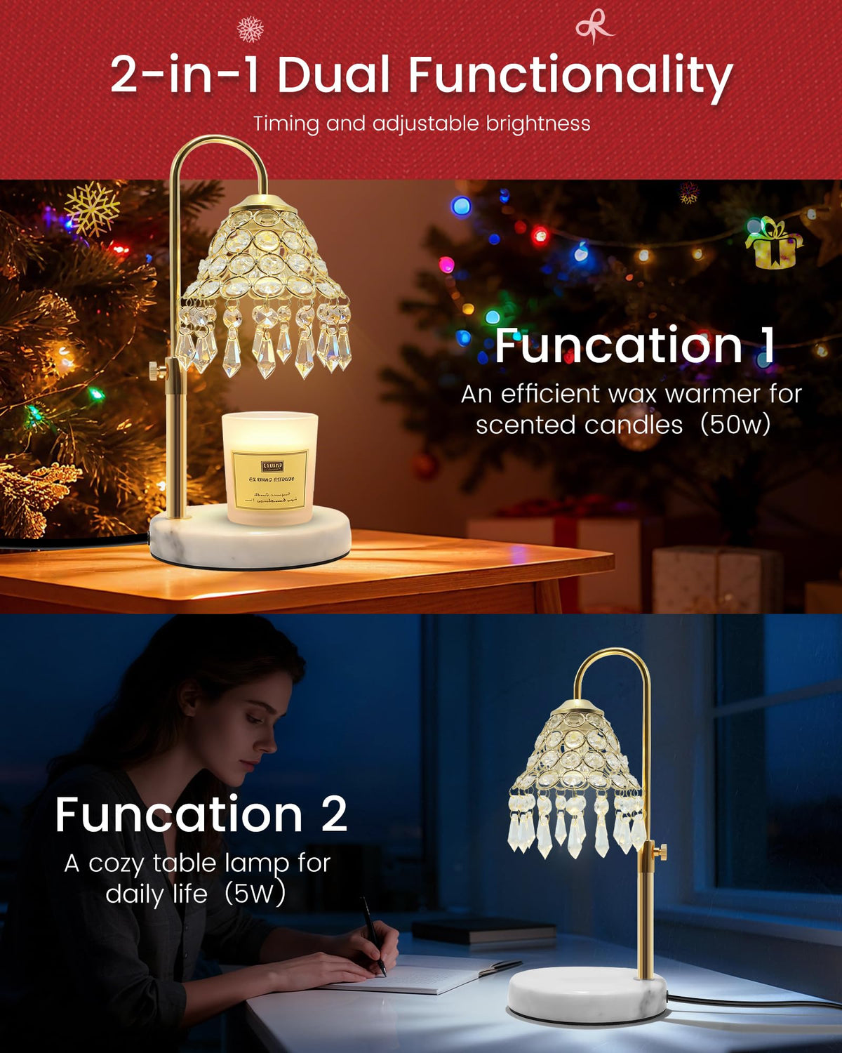 Crystal Candle Warmer Lamp with Timer, Adjustable Height, 50W Halogen Bulb, 5W Night Light, Gold V231