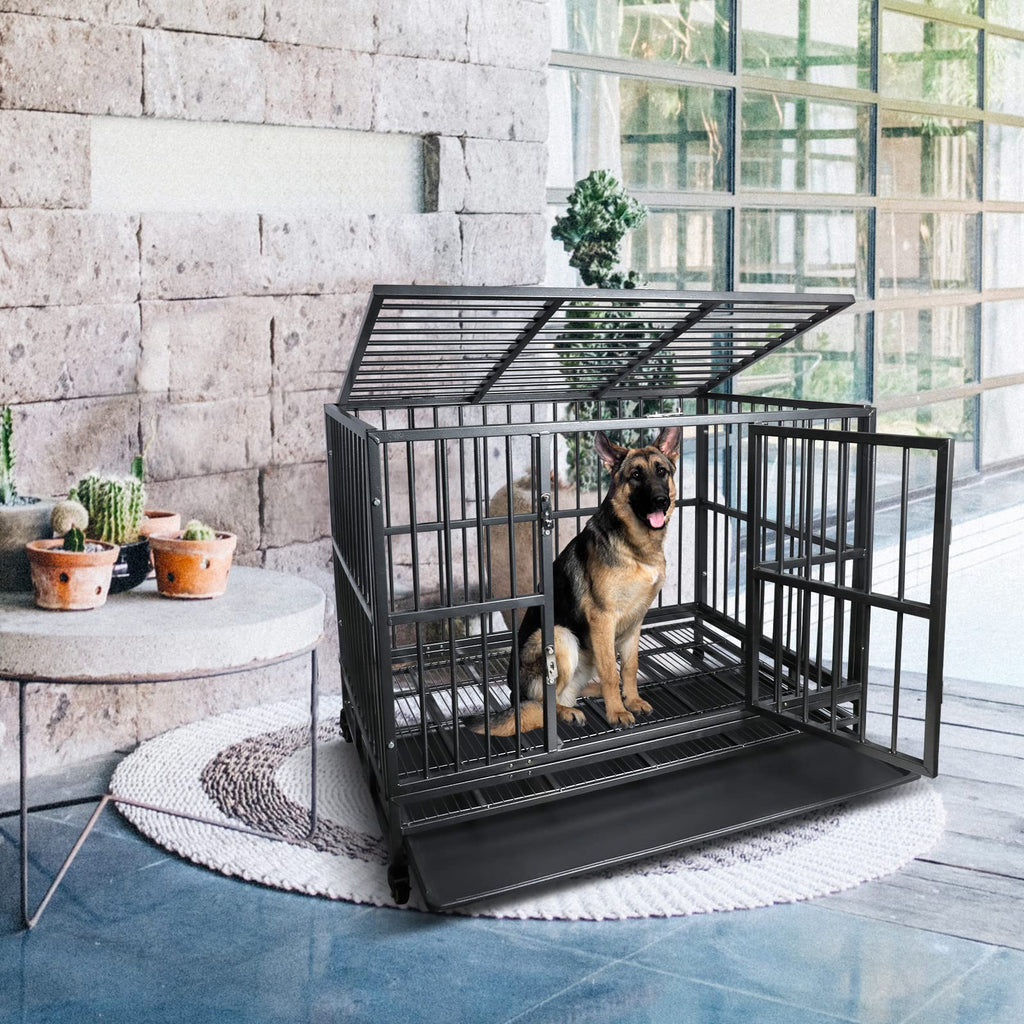 42 inch Heavy Duty Metal Dog Cage with Double Doors & Lockable Wheels C6141