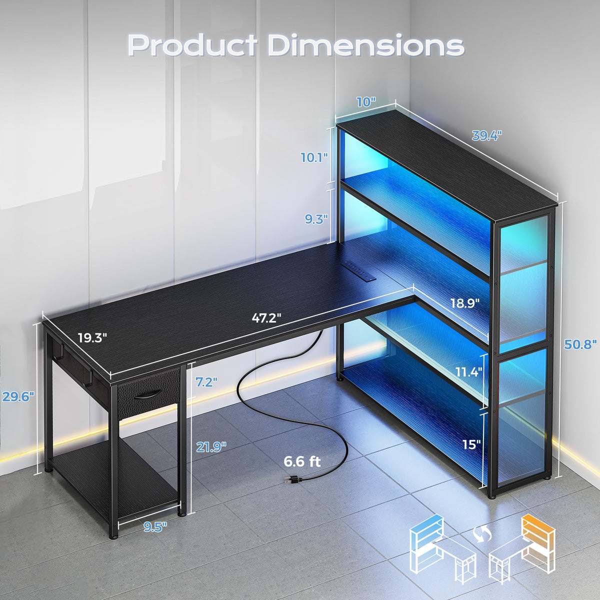 57 Inch L Shaped Gaming Computer Desk with Power Outlets Y39044