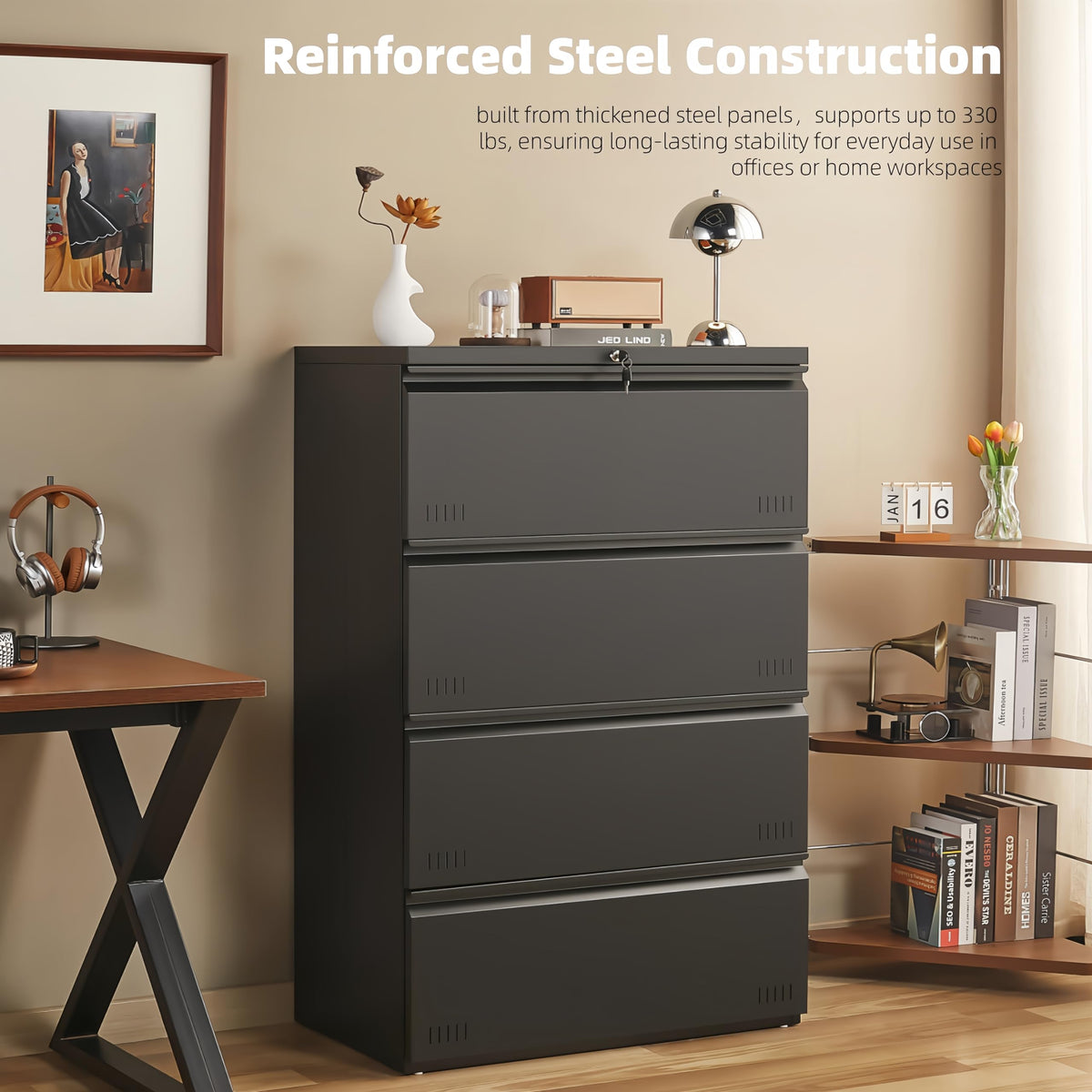 Metal File Cabinet with Lock, 4 Drawer Heavy Duty Office Storage Cabinet J948926
