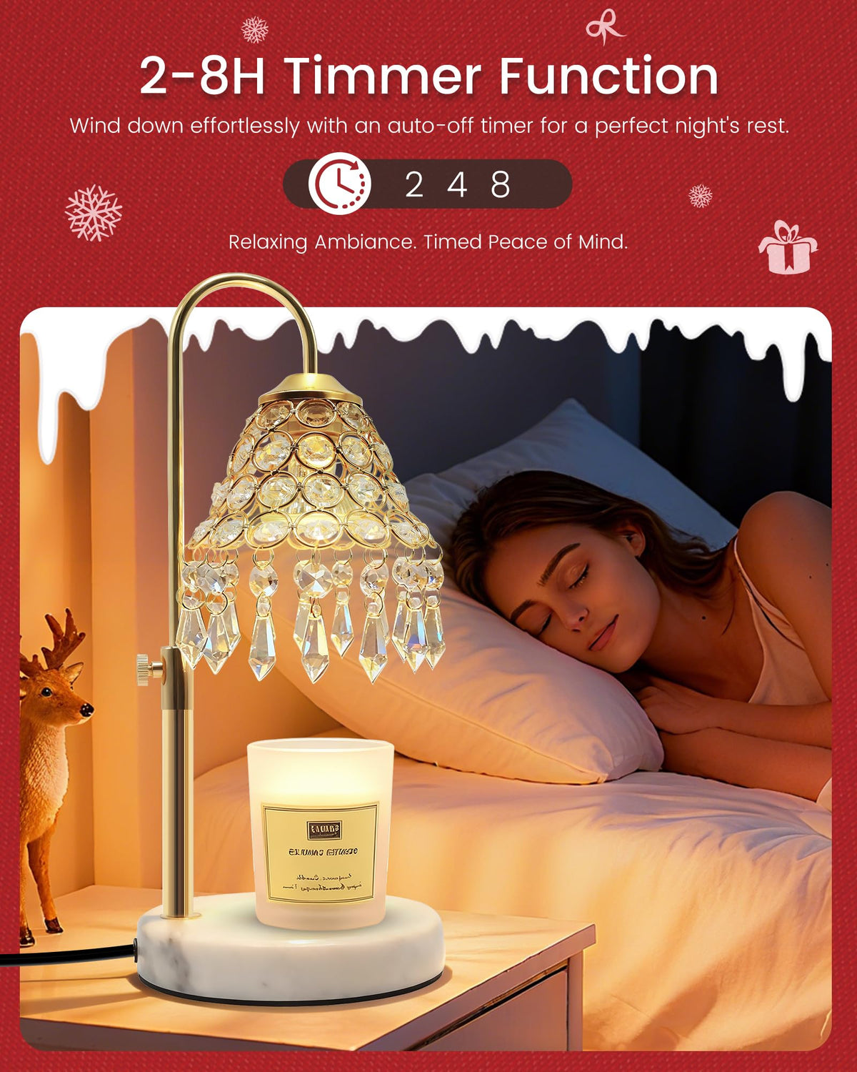 Crystal Candle Warmer Lamp with Timer, Adjustable Height, 50W Halogen Bulb, 5W Night Light, Gold V231