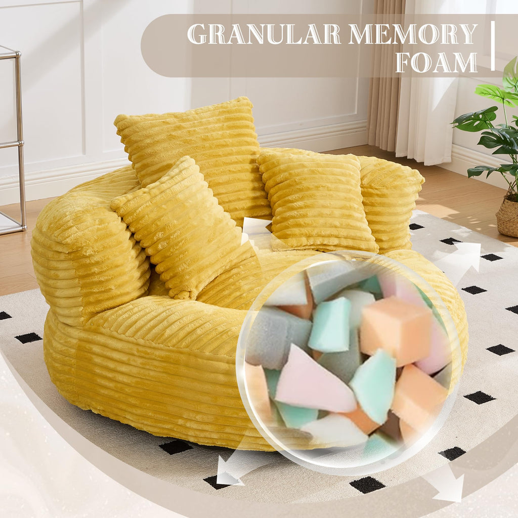 Yellow Corduroy Bean Bag Sofa with 3 Pillows H2697