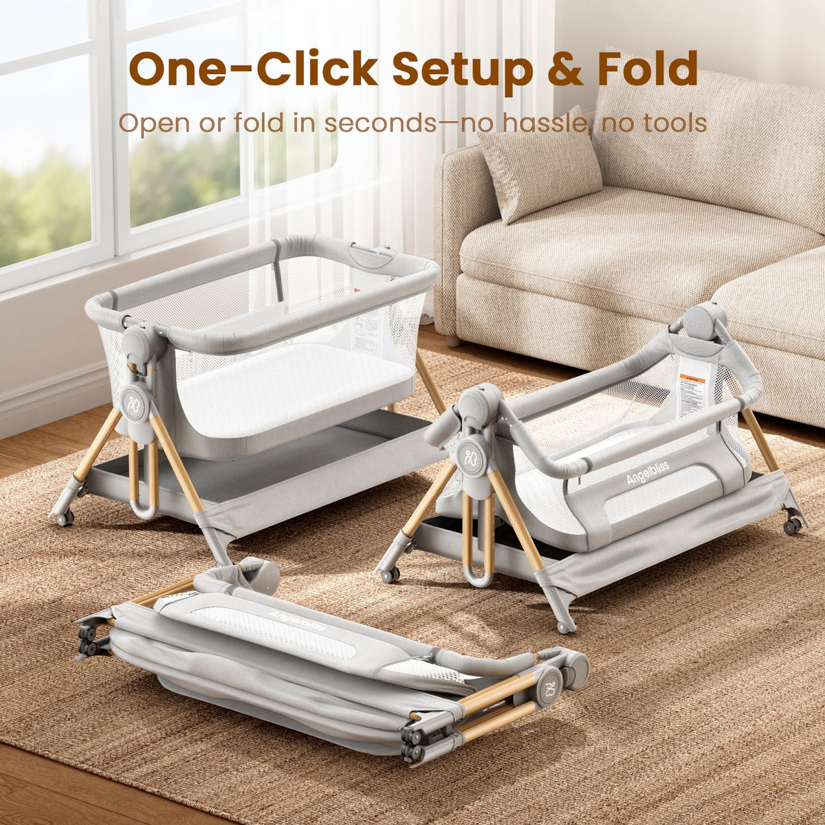 Baby Bassinet, 3-in-1 Bedside Sleeper, Foldable Crib R8574