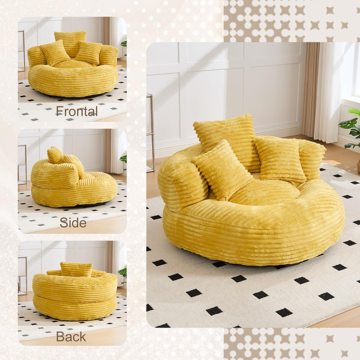 Yellow Corduroy Bean Bag Sofa with 3 Pillows H2697