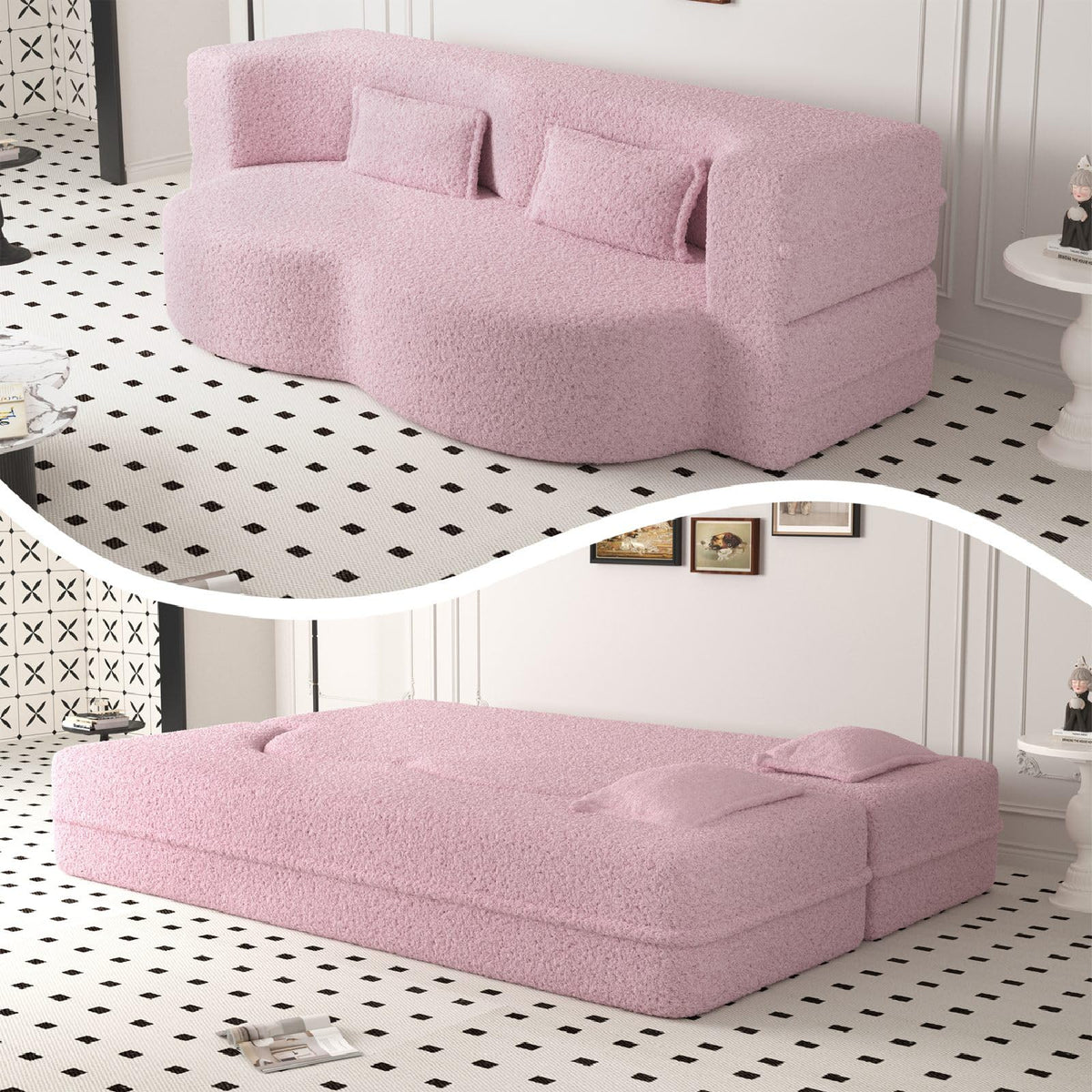 Pink Full Size Sherpa Futon Sofa Bed O68889