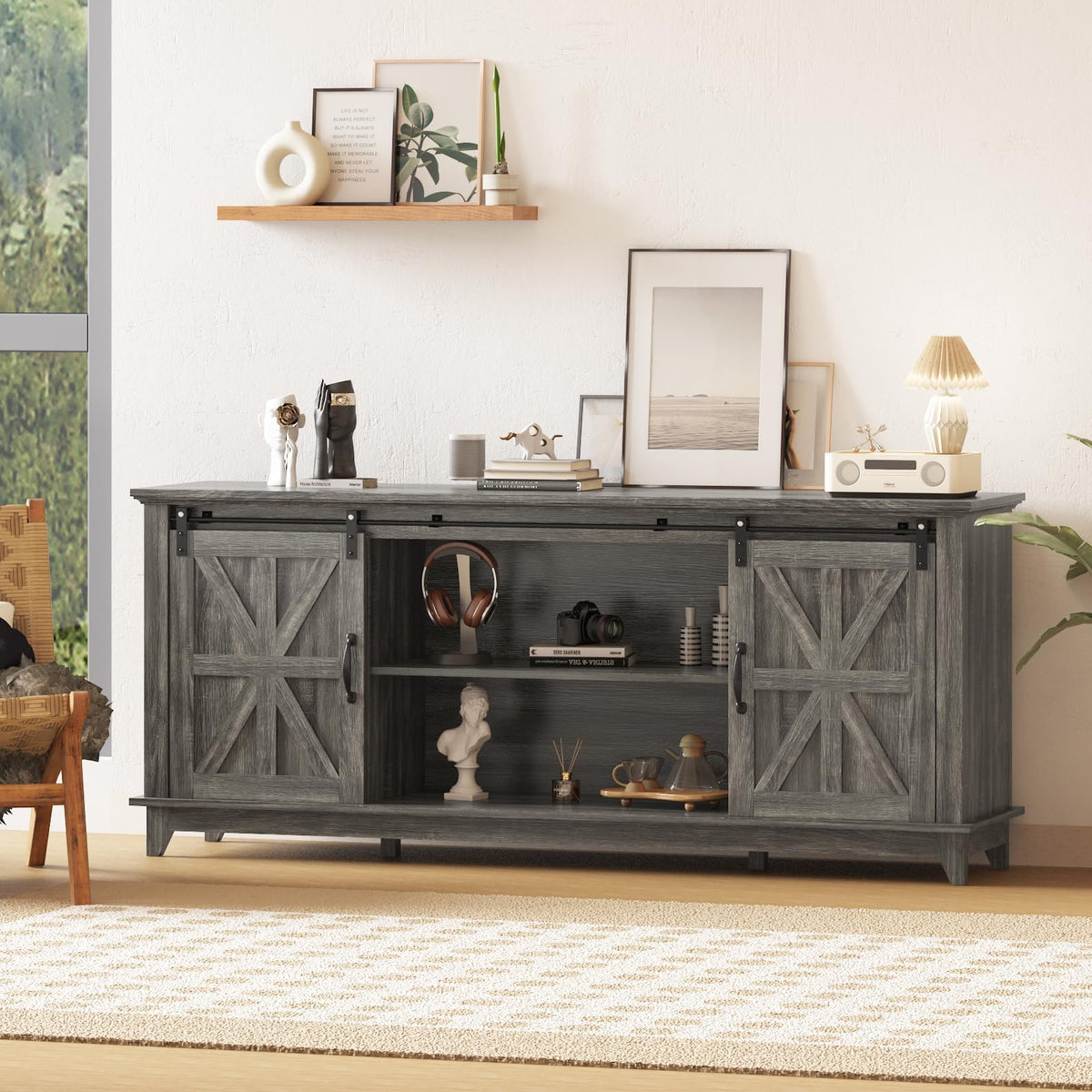 Farmhouse TV Stand Cabinet for 75" Television with Adjustable Shelf & Sliding Barn Doors Y794176