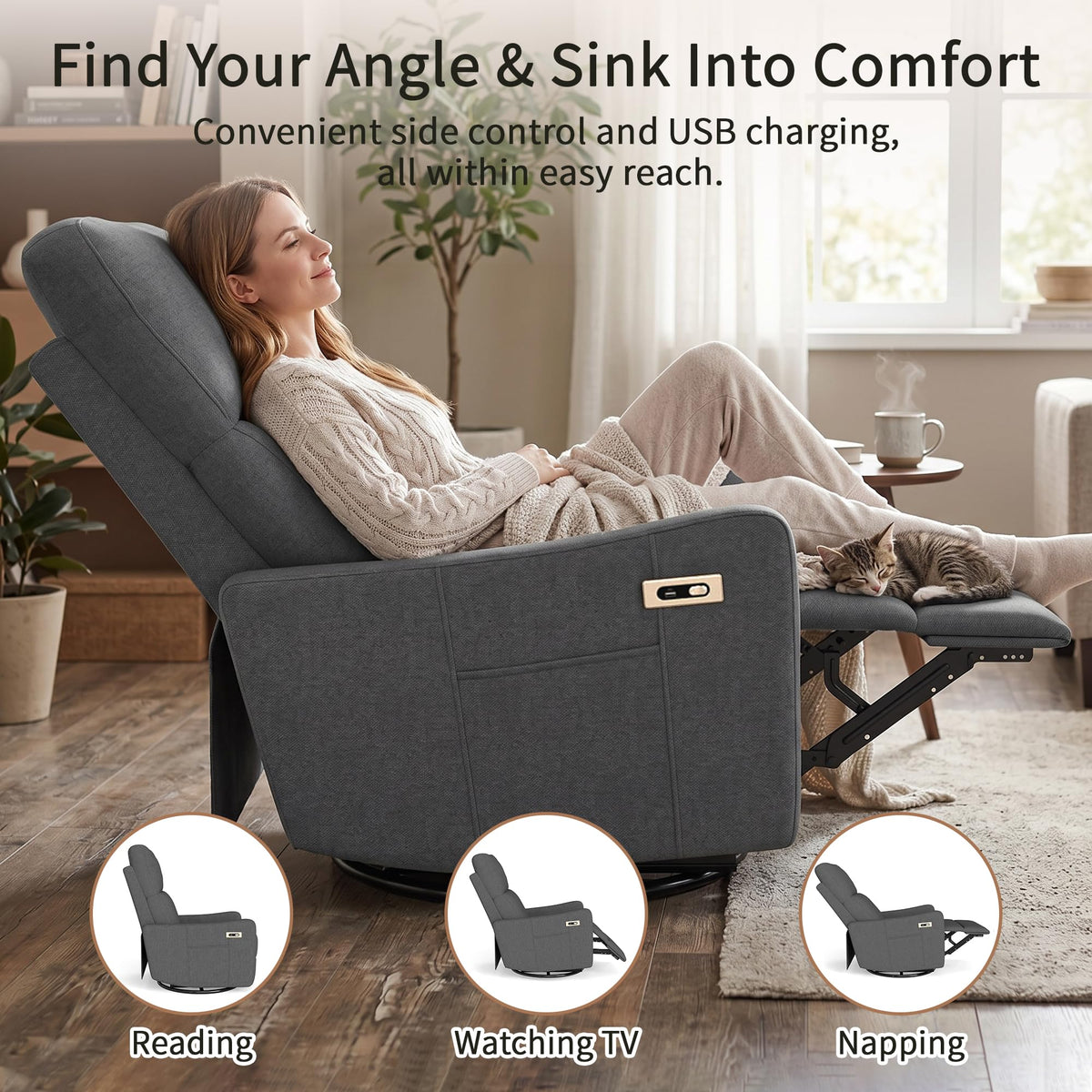 Dark Gray Velvet Swivel Recliner Chair R9064