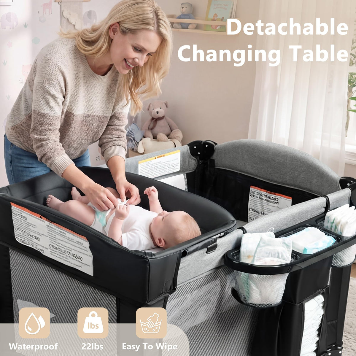 4 in 1 Portable Baby Playard, Baby Bedside Crib, Grey H612522