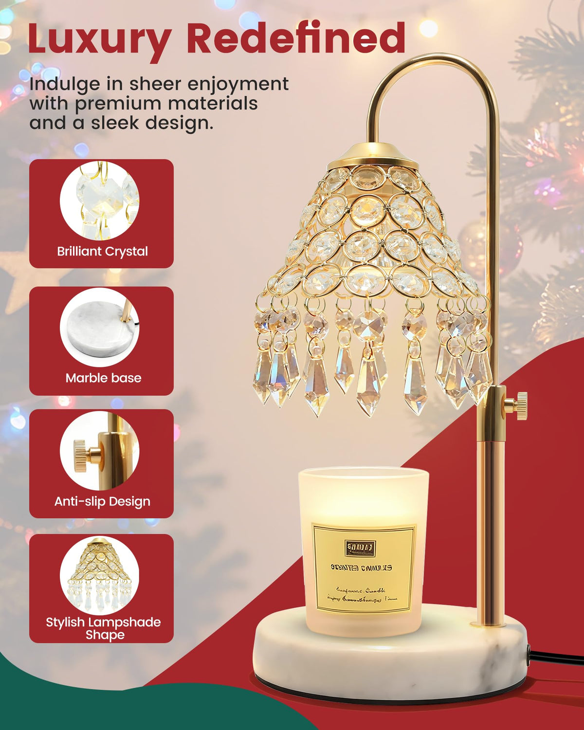 Crystal Candle Warmer Lamp with Timer, Adjustable Height, 50W Halogen Bulb, 5W Night Light, Gold V231