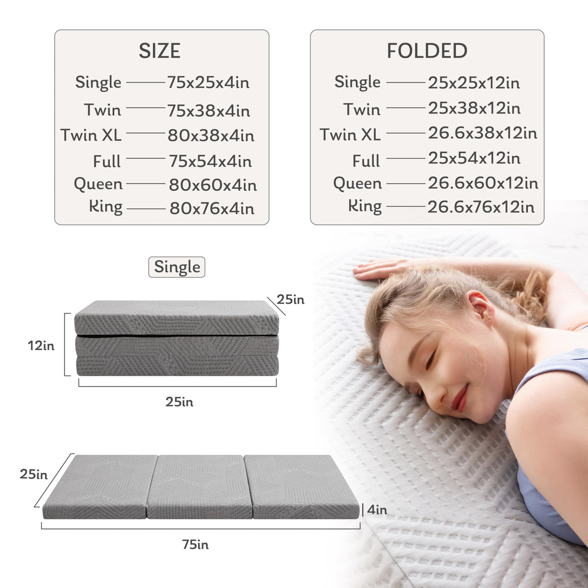 4 Inch Gel Memory Foam Trifold Mattress Y834