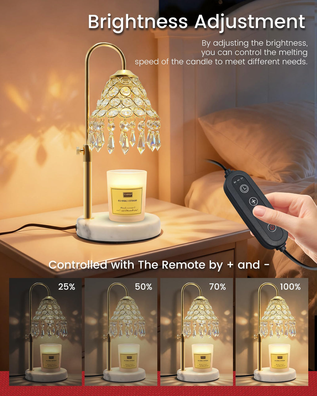 Crystal Candle Warmer Lamp with Timer, Adjustable Height, 50W Halogen Bulb, 5W Night Light, Gold V231
