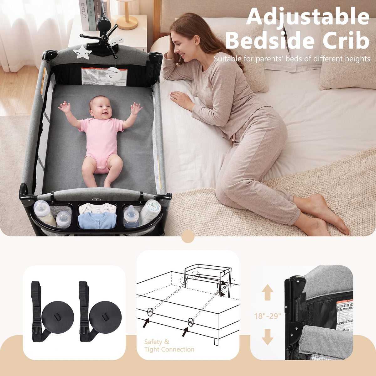 4 in 1 Portable Baby Playard, Baby Bedside Crib, Grey H612522