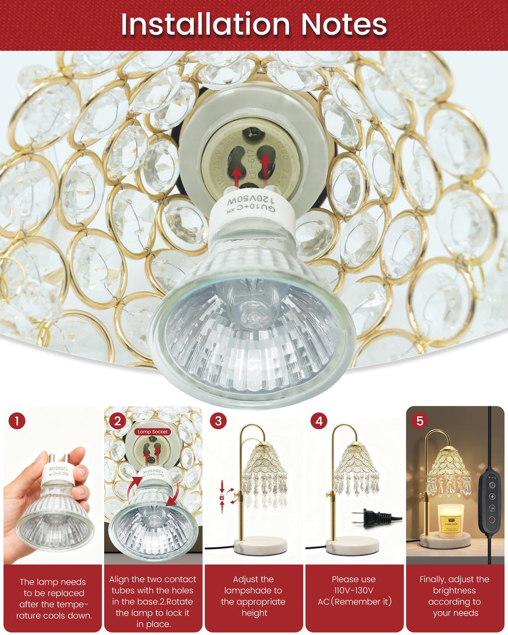 Crystal Candle Warmer Lamp with Timer, Adjustable Height, 50W Halogen Bulb, 5W Night Light, Gold V231