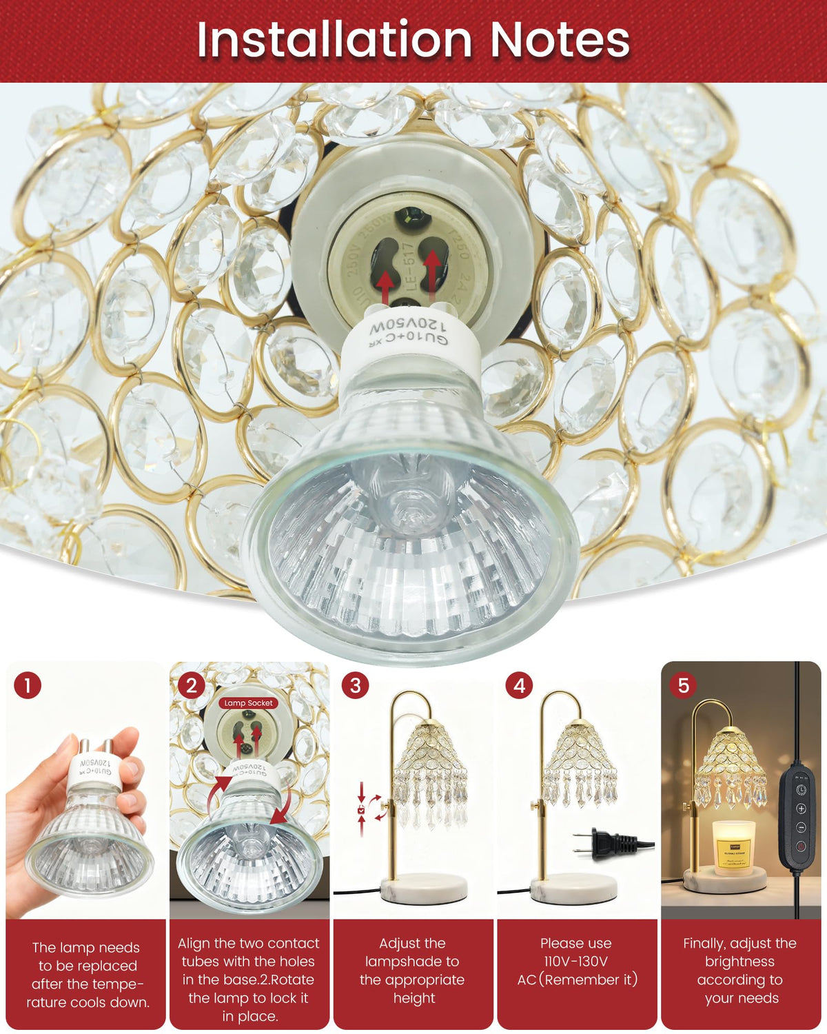 Crystal Candle Warmer Lamp with Timer, Adjustable Height, 50W Halogen Bulb, 5W Night Light, Gold V231